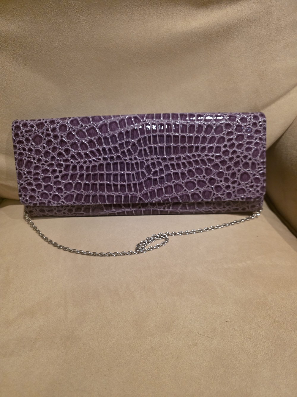Purple Croc-Embossed Envelope Clutch with Chain Strap